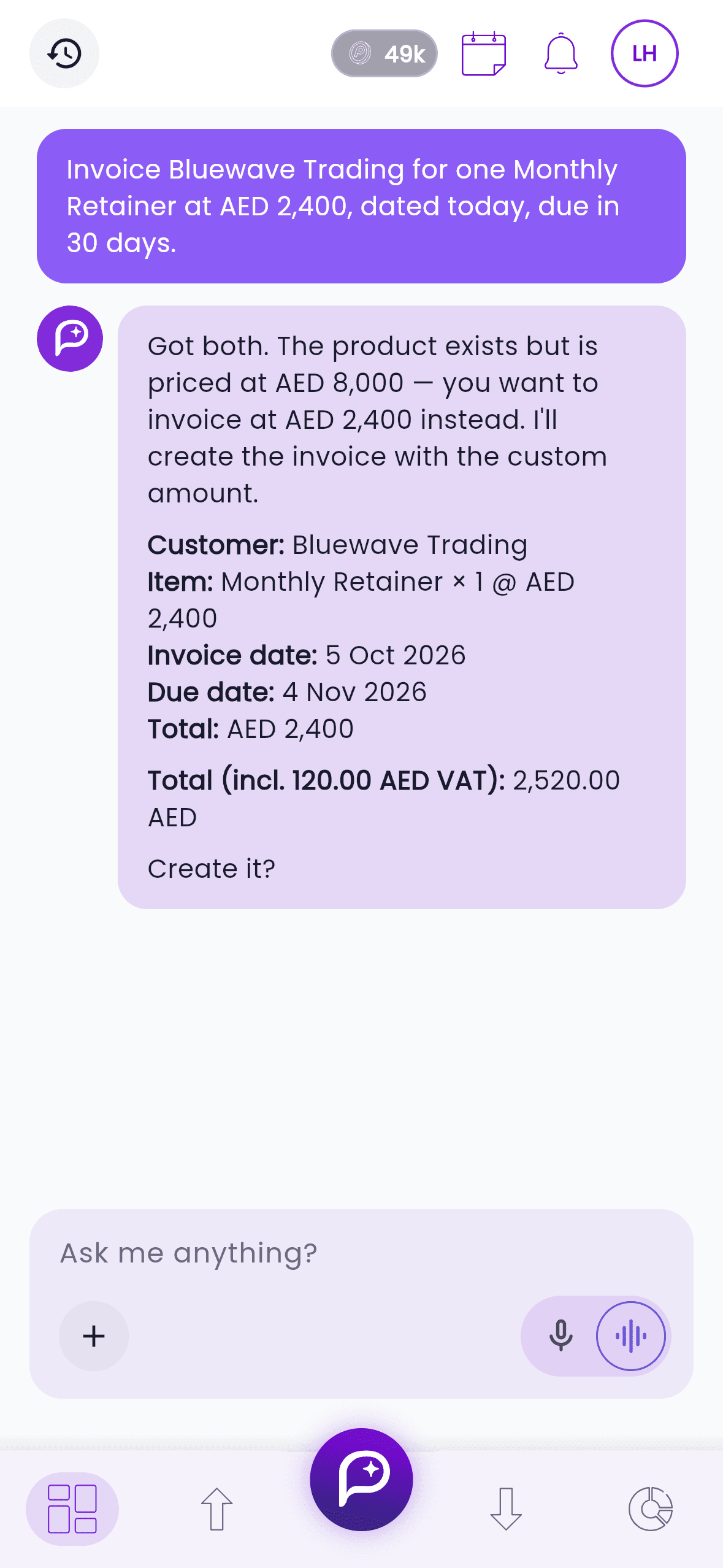 Purpl AI drafting an invoice