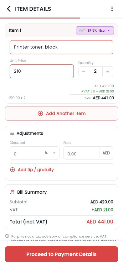 Logging a bill by hand: supplier, category, then a line item with 5% VAT and the total
