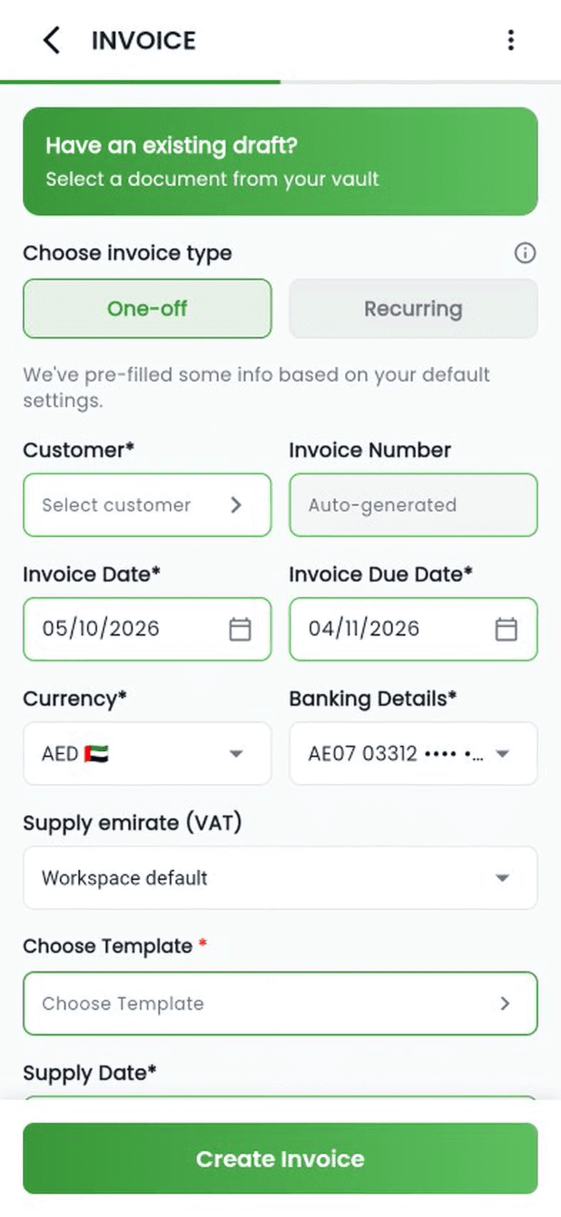 Creating an invoice in the Invoices screen: customer, template and a catalogue item, then Create