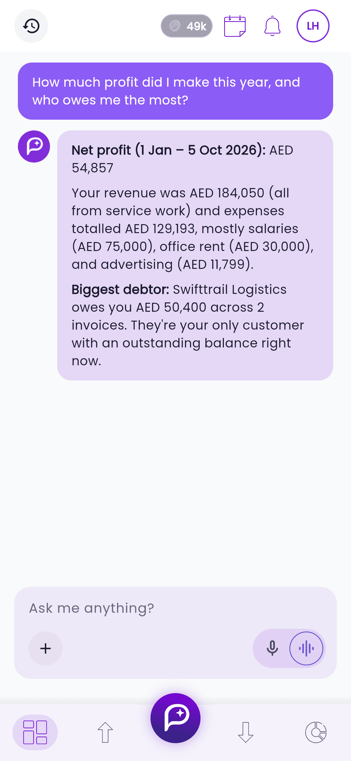Purpl AI answering who owes the most